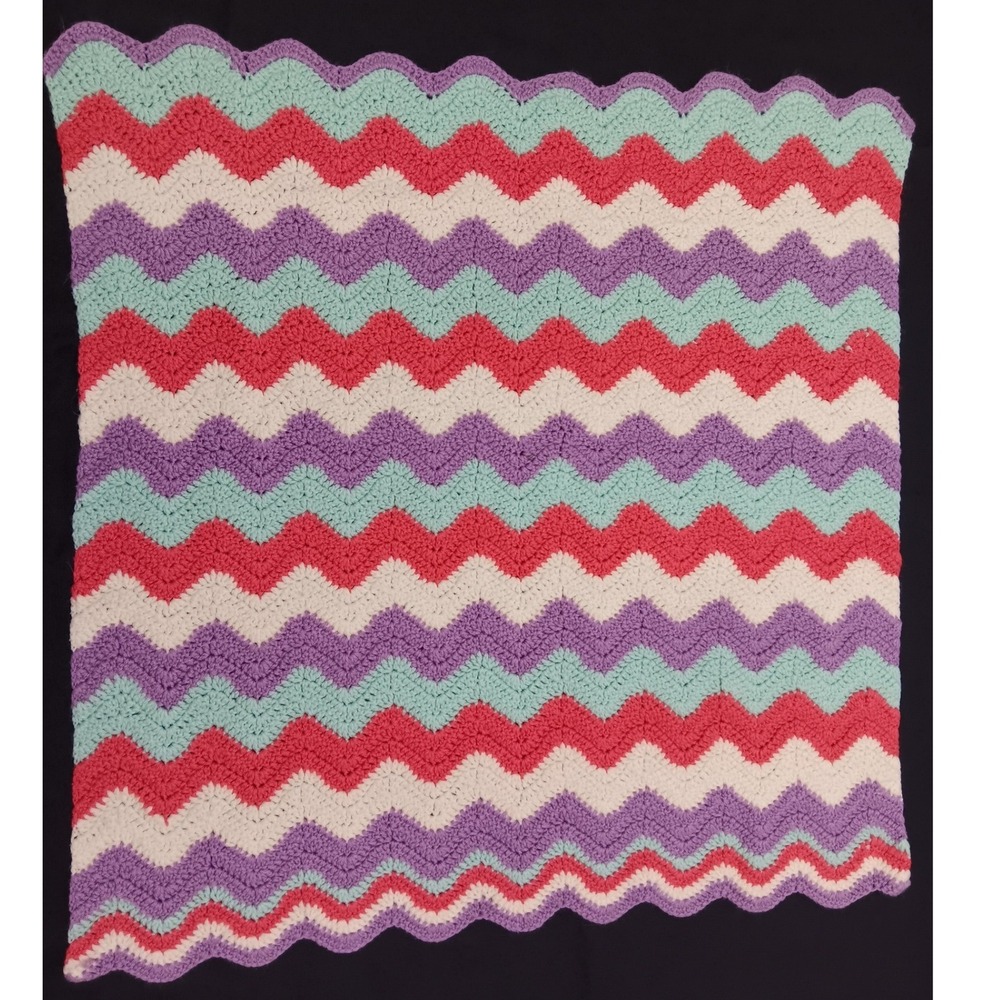 Handmade Crochet Chevron Baby Blanket Purple Teal Pink White Ripple Afghan 35x36